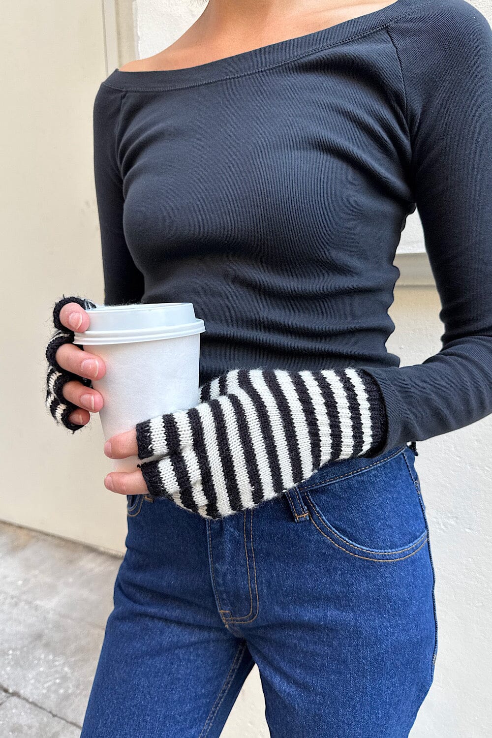 Gants rayés en laine sans doigts | White and Black Stripe