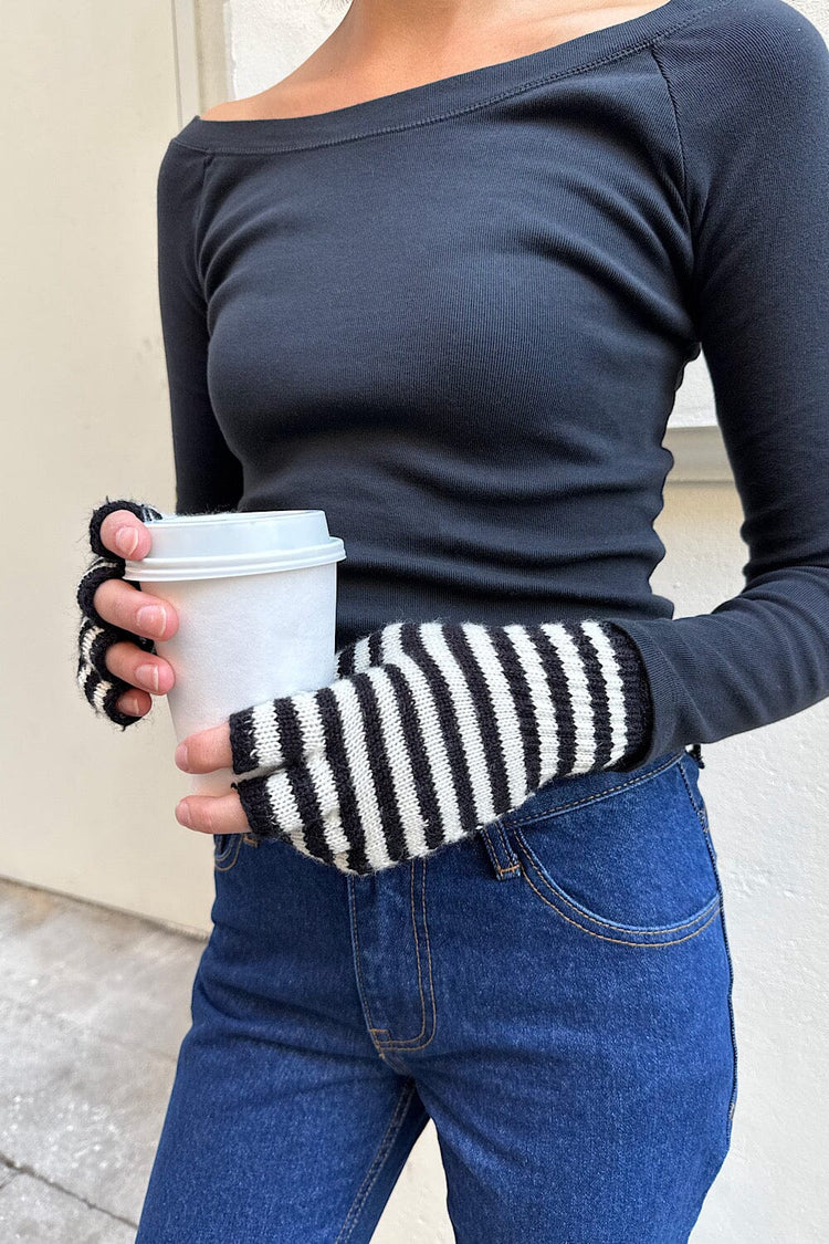 Gants rayés en laine sans doigts | White and Black Stripe