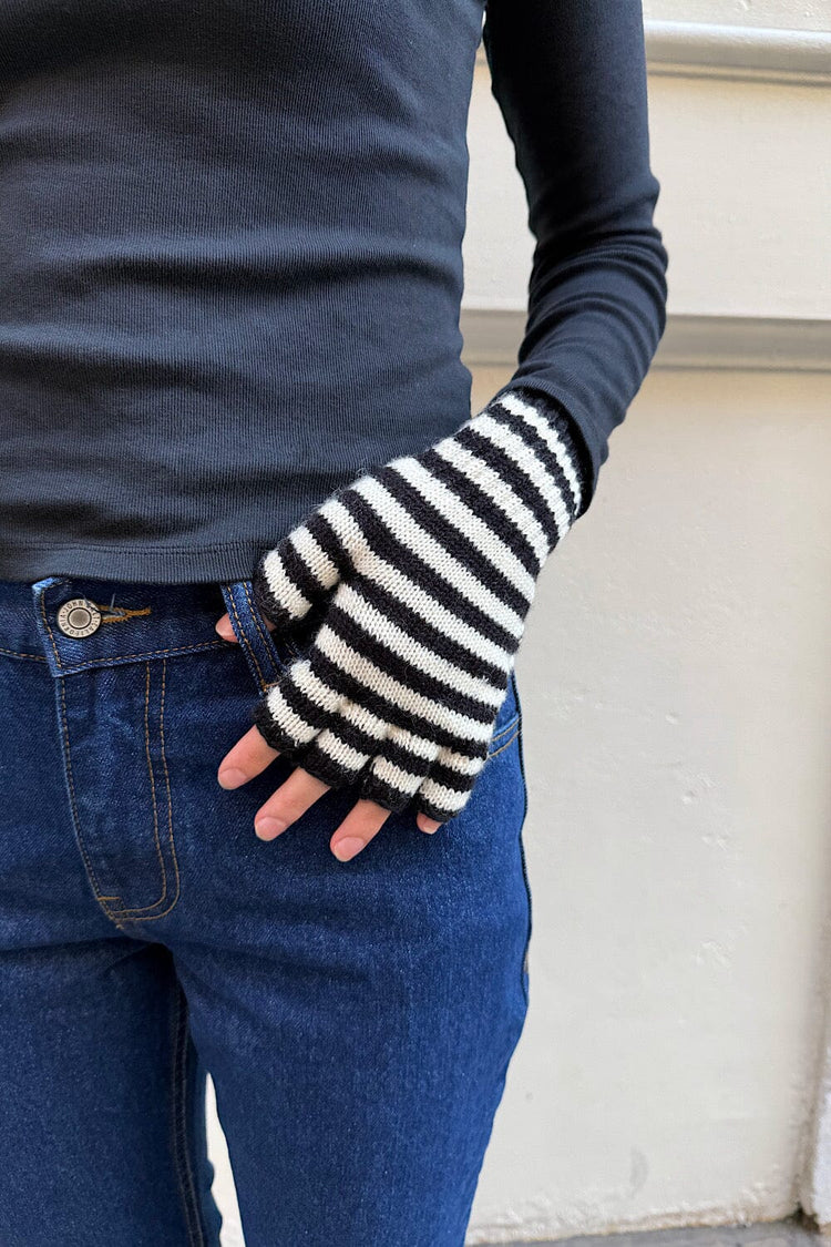 Gants rayés en laine sans doigts | White and Black Stripe