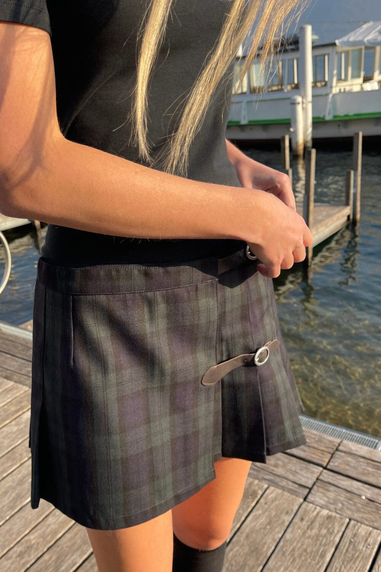 Sof Plaid Buckle Skirt | Navy Blue And Dark Green Plaid / XS/S