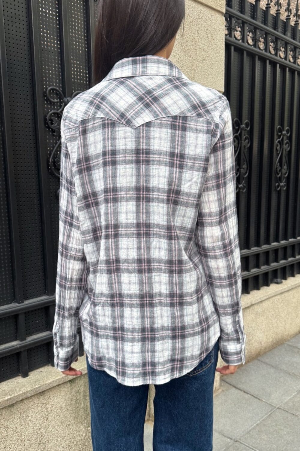 Hazel Flannel Top | Dark Gray with White Plaid and Light Pink Stripes / S