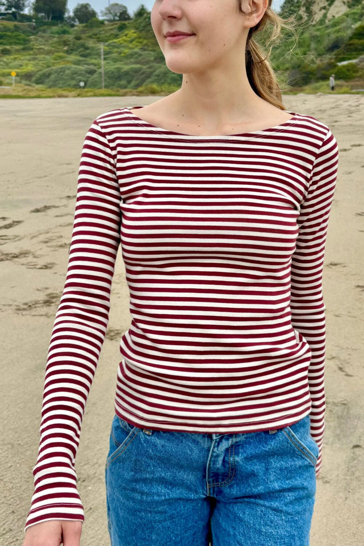 Catalina Striped Top | White and Maroon Stripes / S