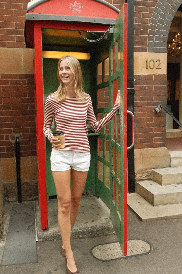 Catalina Striped Top | White and Maroon Stripes / S