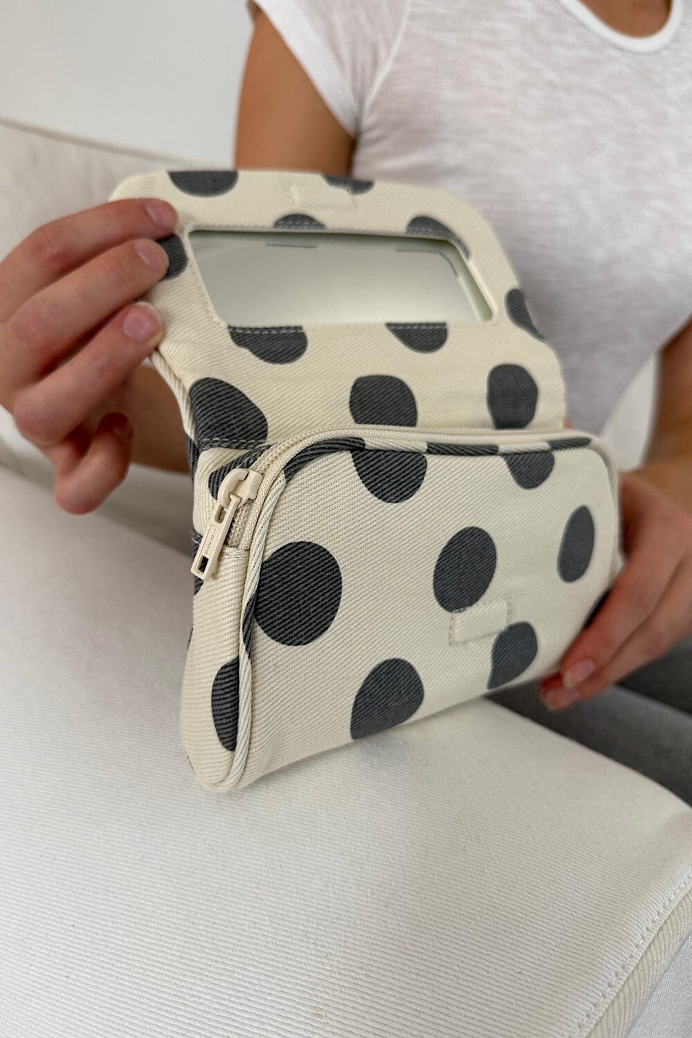 Polka Dots Makeup Bag | Ivory With Faded Black Polka Dots